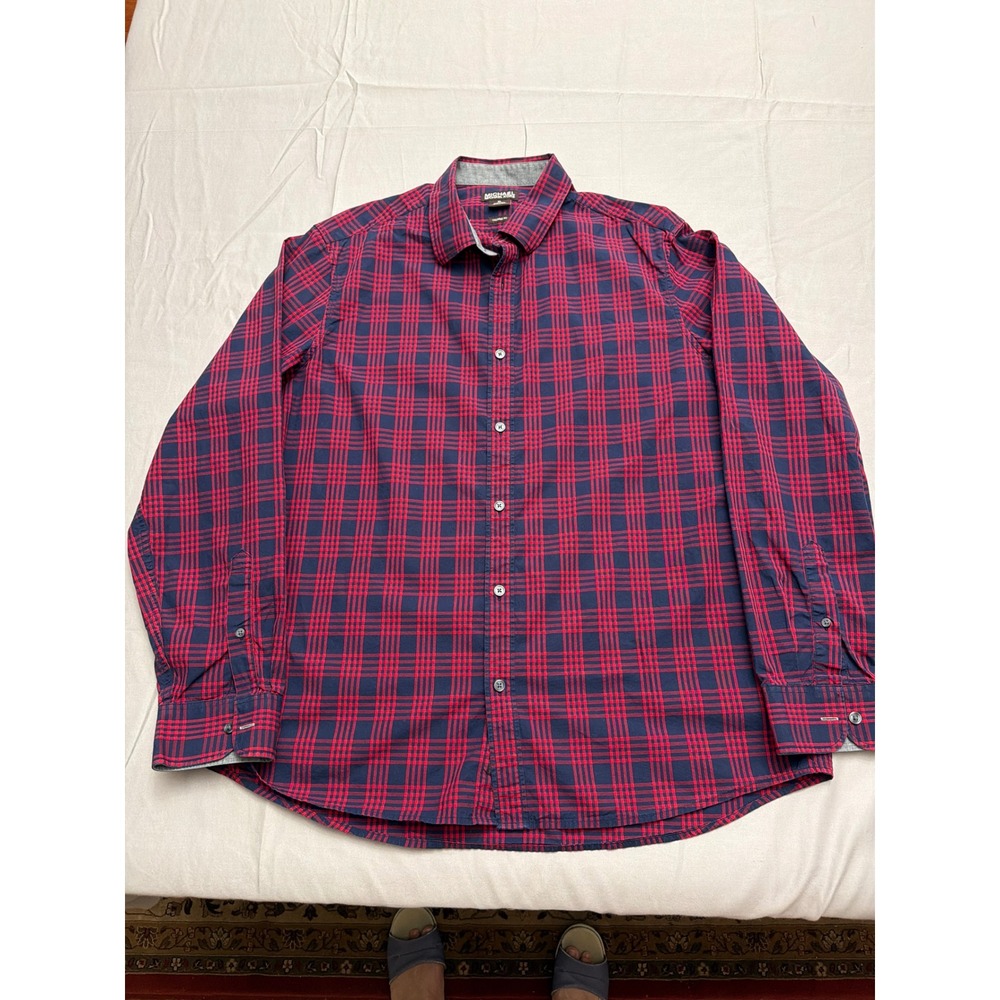 Michael Michael Kors Mens Tailored Fit Plaid Button Down Shirt Red Navy XL